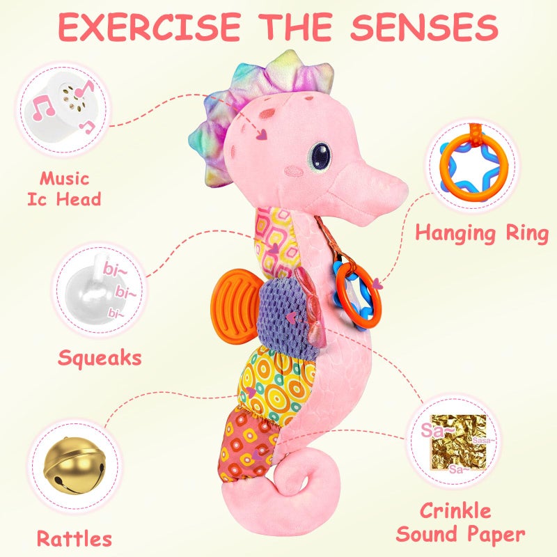 Fuzqq Baby Girl Toys 0-6 Months Musical Stuffed Animal Plush Toy with Rattle Soft Newborn Toy for 0 3 6 9 12 Months Girls Baby Girl Gift Pink - Image 2